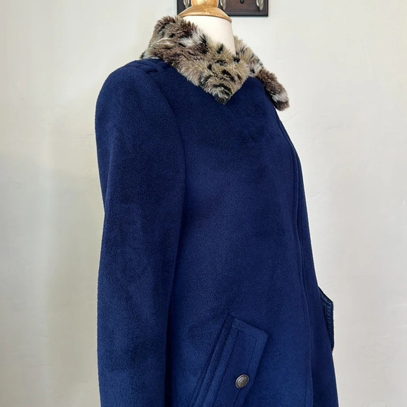 REBECCA TAYLOR Wool Blend Coat Faux Fur Collar Navy Blue, Size 2 - Picture 5 of 15